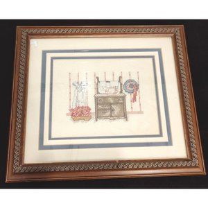 Vintage Handmade Cross Stitch Needlepoint Custom Framed Artwork Dresser 11x12.5"